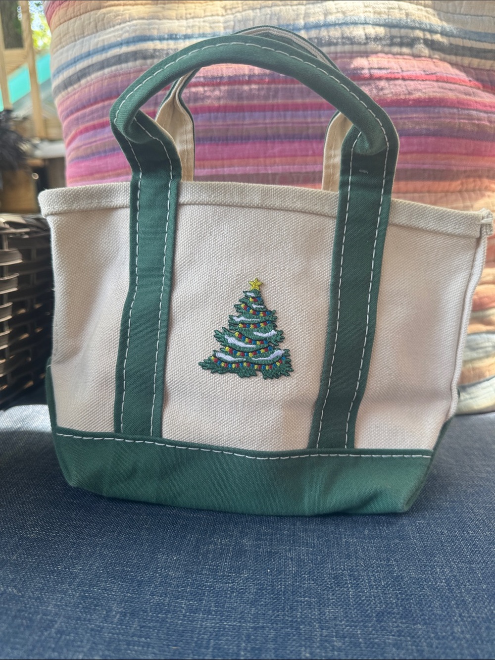 L.L. Bean Cream and Green Canvas Tote with Embroidered Christmas Tree